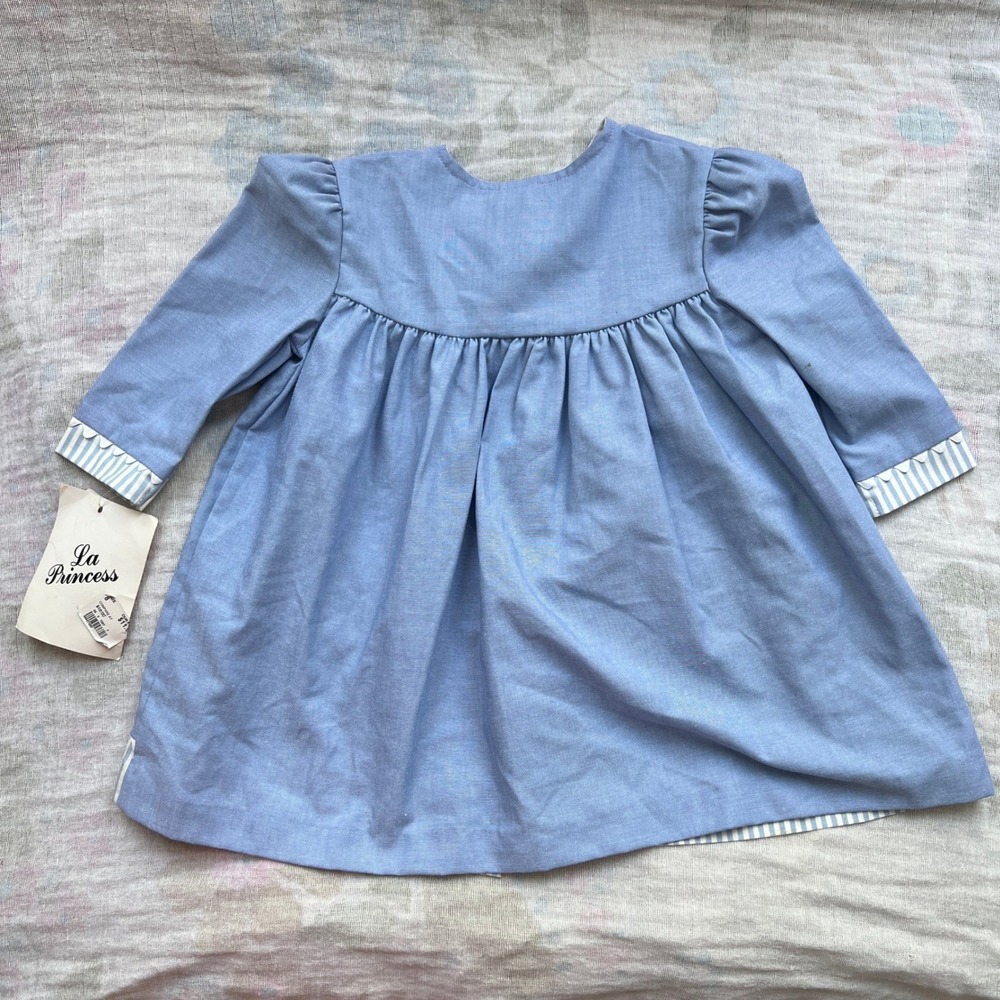 La Princess Vintage Chambray Dress Baby Girls 18M Scalloped Striped Blue USA New